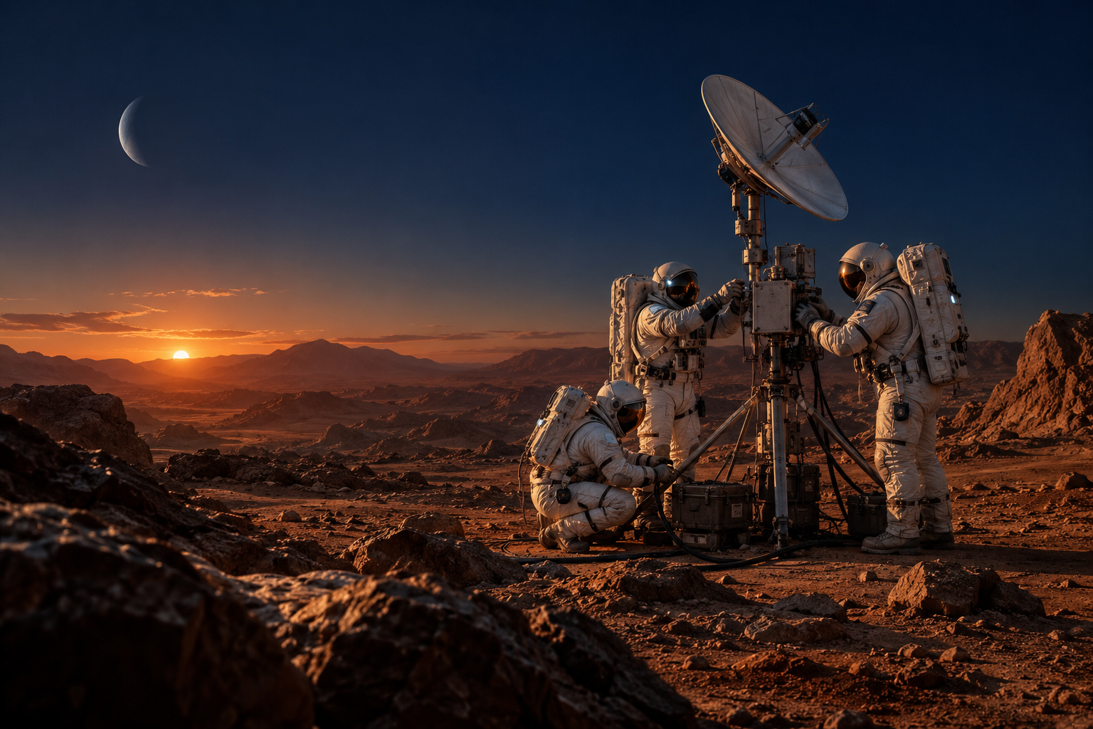 Três astronautas conectando uma estação de comunicação em uma paisagem extraterrestre.